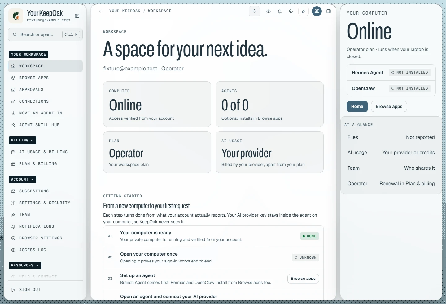 KeepOak customer interface showing Workspace, computer access and agent setup with synthetic account data.